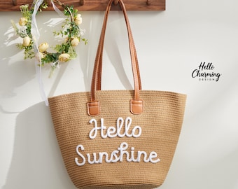 Sac fourre-tout personnalisé avec nom, sac fourre-tout en paille et chapeau de paille, sac fourre-tout personnalisé, sac de plage d'été, sac de vacances, cadeau de demoiselle d'honneur