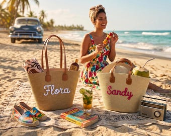 Personalised Name Tote Bag, Straw Tote Bag & Straw Hat Set, Custom Tote Bag, Summer Beach Bag , Vacation Bag, Bridesmaid Gift, Gift for Her