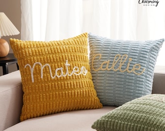 Custom Name Chenille Pillow Cover, Embroidered Name Cushion, Personalised Sofa Cushion, Zipped Cushion Cover, Housewarming Gift, Home Decor