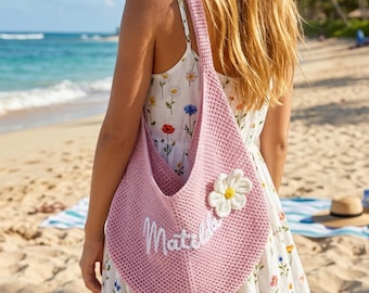 Personalized Crochet Beach Tote Bag, Custom Name Knit Bag, Mother’s Day Gift for Mom, Summer Tote, Bridesmaid Gift, Gift for Her