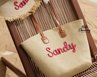 Sac fourre-tout personnalisé avec nom, sac fourre-tout en paille et chapeau de paille, sac fourre-tout personnalisé, sac de plage d'été, sac de vacances, cadeau de demoiselle d'honneur