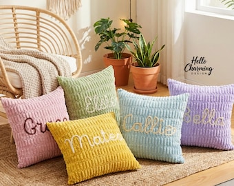 Taie d'oreiller en chenille avec prénom personnalisé, Coussin prénom brodé, Cadeau de pendaison de crémaillère, Décoration d'intérieur, Coussin de canapé personnalisé, Housse de coussin
