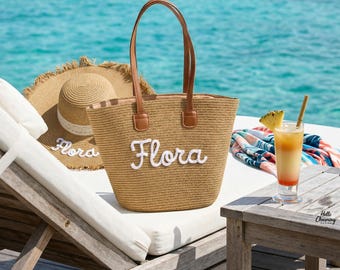 Personalized Name Tote Bag, Straw Tote Bag & Straw Hat Set, Custom Tote Bag, Summer Beach Bag , Vacation Bag, Bridesmaid Gift