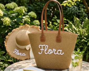 Personalised Name Tote Bag, Straw Tote Bag & Straw Hat Set, Custom Tote Bag, Summer Beach Bag , Vacation Bag, Bridesmaid Gift, Gift for Her