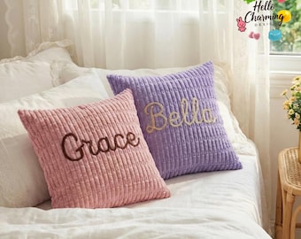 Taie d'oreiller personnalisée en chenille, Coussin prénom brodé, Coussin de canapé personnalisé, Housse de coussin zippée, Cadeau de pendaison de crémaillère, Décoration d'intérieur