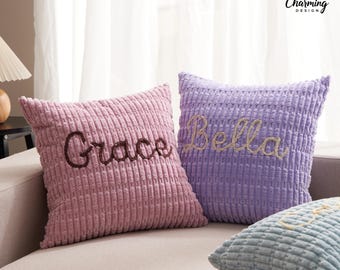 Custom Name Chenille Pillow Cover, Embroidered Name Cushion, Personalised Sofa Cushion, Zipped Cushion Cover, Housewarming Gift, Home Decor
