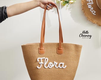 Sac fourre-tout personnalisé avec nom, sac fourre-tout en paille et chapeau de paille, sac fourre-tout personnalisé, sac de plage d'été, sac de vacances, cadeau de demoiselle d'honneur