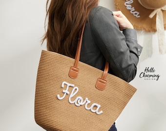 Sac fourre-tout personnalisé avec nom, sac fourre-tout en paille et chapeau de paille, sac fourre-tout personnalisé, sac de plage d'été, sac de vacances, cadeau de demoiselle d'honneur