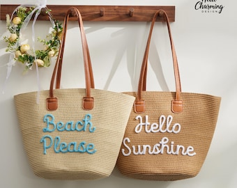 Sac fourre-tout personnalisé avec nom, sac fourre-tout en paille et chapeau de paille, sac fourre-tout personnalisé, sac de plage d'été, sac de vacances, cadeau de demoiselle d'honneur