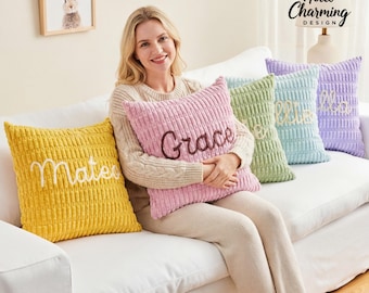 Taie d'oreiller personnalisée en chenille, Coussin prénom brodé, Coussin de canapé personnalisé, Housse de coussin zippée, Cadeau de pendaison de crémaillère, Décoration d'intérieur