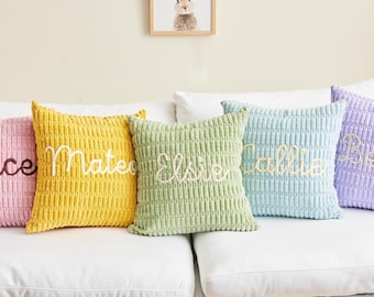 Taie d'oreiller personnalisée en chenille, Coussin prénom brodé, Coussin de canapé personnalisé, Housse de coussin zippée, Cadeau de pendaison de crémaillère, Décoration d'intérieur
