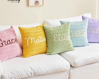 Custom Name Chenille Pillow Cover, Embroidered Name Cushion, Personalised Sofa Cushion, Zipped Cushion Cover, Housewarming Gift, Home Decor