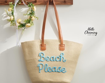 Sac fourre-tout personnalisé avec nom, sac fourre-tout en paille et chapeau de paille, sac fourre-tout personnalisé, sac de plage d'été, sac de vacances, cadeau de demoiselle d'honneur