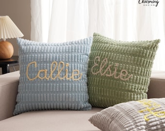 Custom Name Chenille Pillow Cover, Embroidered Name Cushion, Personalised Sofa Cushion, Zipped Cushion Cover, Housewarming Gift, Home Decor