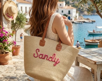 Sac fourre-tout personnalisé avec nom, sac fourre-tout en paille et chapeau de paille, sac fourre-tout personnalisé, sac de plage d'été, sac de vacances, cadeau de demoiselle d'honneur