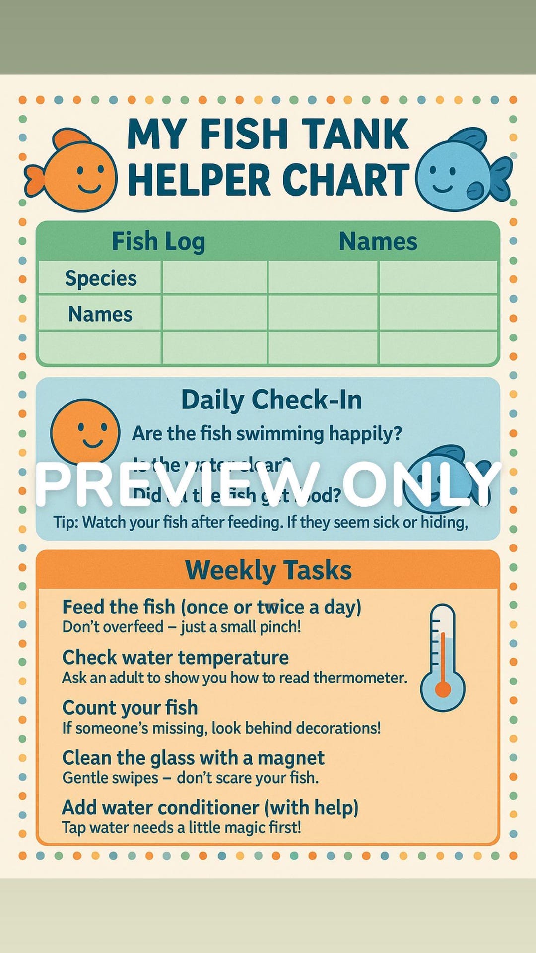 Printable Aquarium Care Chart for Kids | Fish Tank Log & Maintenance ...