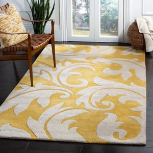 Golden Elegance Floral Scroll Rug, Gold and Beige Floral Rug, Handmade Wool & Silk Floral Carpet for Living Room, Bedroom Custom Gold Carpet