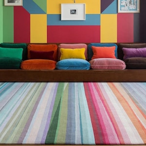 Multi-Color Horizontal Stripe Area Rug, Multicolor Wool Rug, Hand-Tufted 100% New Zealand Wool Area Rug for Living Room, Bedroom, Kids Room