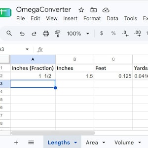 May include: A digital spreadsheet titled OmegaConverter displaying unit conversion data. Row two shows 1 1/2 inches, 1.5 inches, 0.125 feet, 0.04166666667 yards, 0.000023674242 miles, 38.1 millimeters, 3.81 centimeters, 0.0381 meters, 0.0000381 kilometers, and 0.00000789141 leagues.