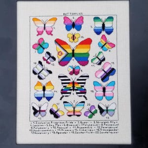 Pride Flags Butterflies - Vintage Scientific Insect Diagram Style LGBTQIA+ - Cross Stitch Pattern (Digital Download)