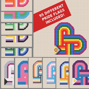 May include: A cross-stitch pattern collection featuring 95 different pride flags. The image displays various heart-shaped and geometric designs in multiple color combinations, including a large rainbow heart and text stating 95 DIFFERENT PRIDE FLAGS INCLUDED!