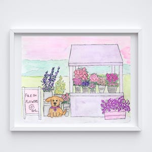 以下が含まれることがあります： 様々な色の花が植えられた鉢植えが並ぶ、花屋のイラスト。小さな茶色の犬が紫色のハートの首輪を付けています。「Fresh Flowers」と書かれた看板があります。背景にはピンク色の空と緑色の野原が描かれています。