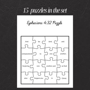 Puede incluir: Un conjunto de rompecabezas rectangular blanco con el texto 15 puzzles in the set y Ephesians 4:32 Puzzle. La cuadrícula del rompecabezas contiene las palabras: And be kind and compassionate to one another, forgiving one another, just as God also forgave you in Christ.