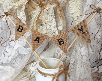 Baby Burlap Banner, Rustic Baby Shower Decor, Rustic Cake Topper, Rustic Cake Bunting, Baby Cake Topper, Country Baby Shower