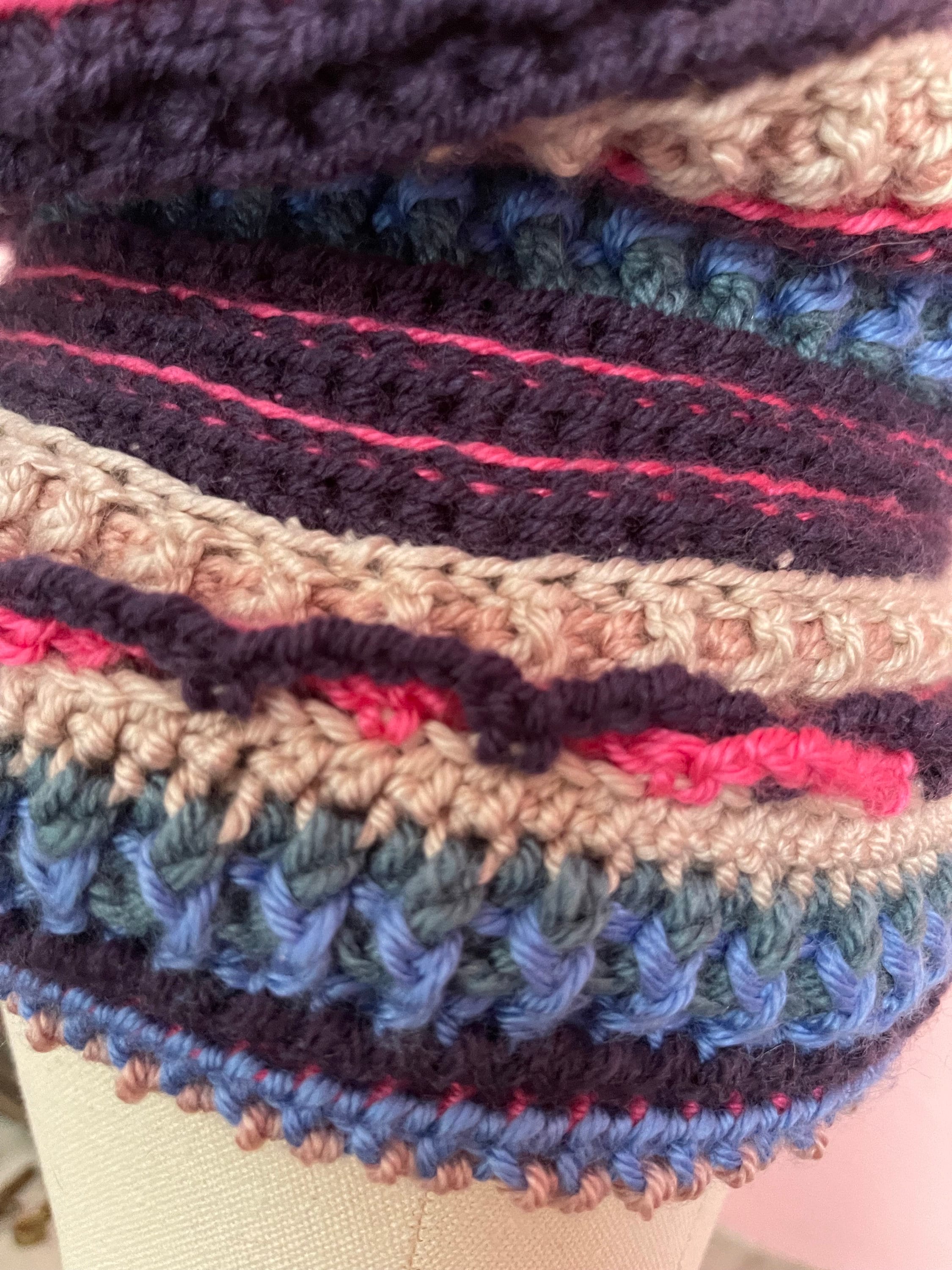 Crochet Hat – One of a Kind Hat Made From Pale Pink, Blue 
