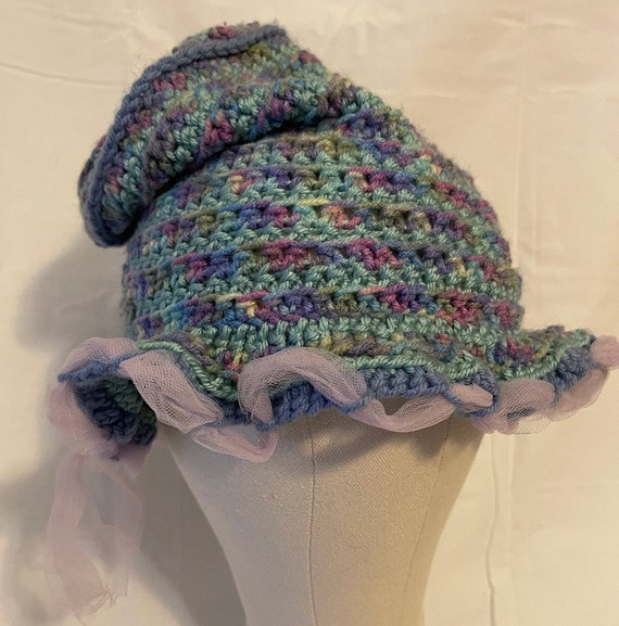Handknit multicolor blue purple green one of a kind crochet hat One of a Kind, Hand Knit Infant Hat in Yellow, Green, Blue  main image 3