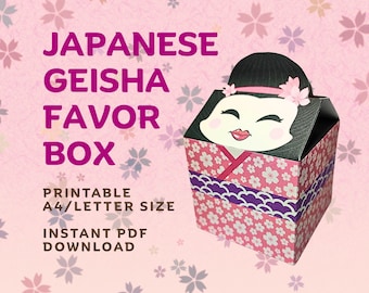 May include: A pink and white Japanese Geisha favor box with a floral pattern. The box features a geisha face on the top and the text "JAPANESE GEISHA FAVOR BOX". The box is a printable A4/Letter size and an instant PDF download.
