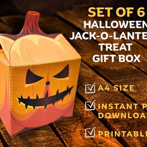 May include: A set of six Halloween Jack-O-Lantern treat gift boxes. The boxes are orange with a carved pumpkin face design. Text on the image reads "SET OF 6 HALLOWEEN JACK-O-LANTERN TREAT GIFT BOX". The boxes are A4 size, instant PDF download, and printable.