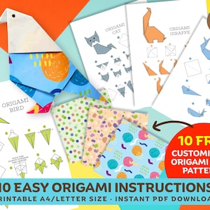 Origami-instructies met gratis aanpasbare printables op origamipapier, eenvoudige stapsgewijze origami voor kinderen en volwassenen, gratis aanpasbare patronen