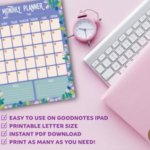 May include: A monthly planner sheet with a purple background, floral border, and grid for days of the week. Below the grid are sections for notes and goals. The text reads: EASY TO USE ON GOODNOTES IPAD, PRINTABLE LETTER SIZE, INSTANT PDF DOWNLOAD, PRINT AS MANY AS YOU NEED!