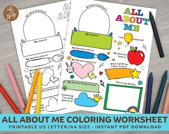 May include: Two "All About Me" coloring worksheets with fill-in-the-blank sections for self-portraits, favorite things, and family. The worksheets include colorful illustrations of a balloon, apple, and rainbow. Crayons and a black pencil are scattered around the worksheets.
