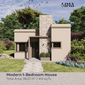 Puede incluir: Una moderna casa de un dormitorio con exterior beige, pared de acento de piedra y marcos oscuros de puertas y ventanas. La casa está rodeada de hierba verde y árboles. El texto dice "Casa moderna de 1 dormitorio" y "Superficie total: 38,57 m² / 415 pies cuadrados."