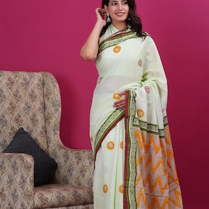 Designer Baumwolle Handblockdruck Saree/Sari Für Frauen und Mädchen||Indischer Baumwolle Saree||Block Gedruckter Saree||Sari Mit Bluse||Kostenloser Versand|