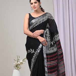 Designer Cotton Linen Handblock Print Saree/Sari For Women & Girls||Indian Cotton Saree||Block Printed Saree||Saree With Blouse||Free Shipp