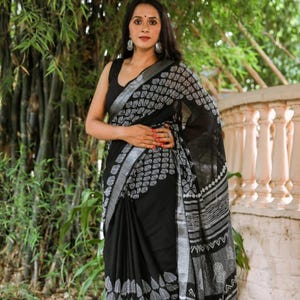 Designer Cotton Linen Handblock Print Saree/Sari For Women & Girls||Indian Cotton Saree||Block Printed Saree||Saree With Blouse||Free Shipp