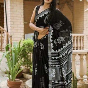 Designer Cotton Linen Handblock Print Saree/Sari For Women & Girls||Indian Cotton Saree||Block Printed Saree||Saree With Blouse||Free Shipp