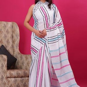 Designer Baumwolle Mulmul Handblockdruck Saree/Sari Für Frauen und Mädchen||Indischer Baumwolle Saree||Block Gedruckter Saree||Sari Mit Bluse||Kostenloser Versand
