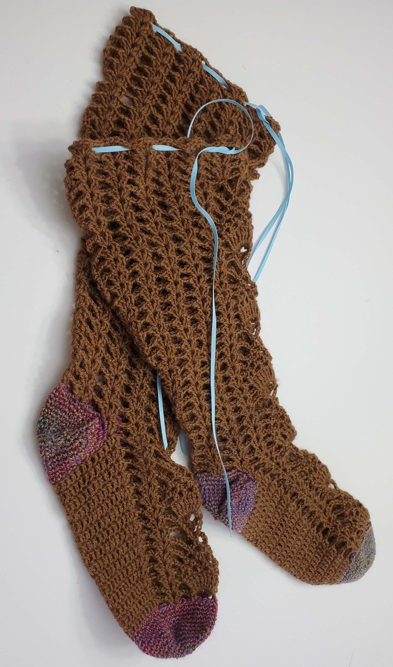 wool Prairie skirt socks handmade Mori Brwn Lacy crochet long stockings Lagenlook USA ladies size 8-9.5 violet Boho boot socks