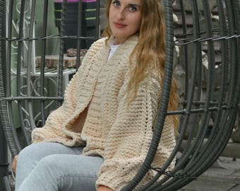 Chunky Knit Oversized Cardigan – Hand Knitted Women’s Sweater – Plush Yarn Puffy Sleeve Coat – Cozy Handmade Winter Fashion