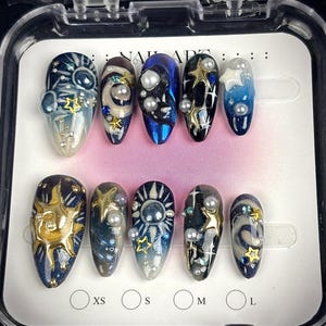 Handmade Galaxy Press On Nails | Midnight Sky with Moon, Stars , Sun Design | 3D Pearls & Gold Accents | Cosmic Celestial Nail Art Set