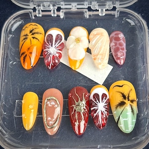 Handmade Tropical Press On Nails | Sunset Palm Tree & 3D Flower Nail Art | Summer Beach Reusable Fake Nails