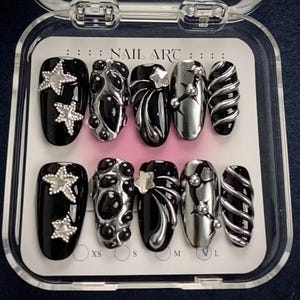Handmade Black Chrome Press On Nails: 3D Stars, Metallic Swirls