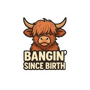 Highland Cow Kiss-Cut Stickers | Bangin&#39; Since Birth | Cute Cow Décor, Laptop Stickers, Gift, Home Decor, Pet Lovers