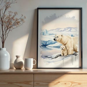 Mother and Baby Polar Bear Watercolor Print: Arctic Nursery Art