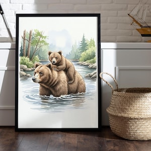 Watercolor Mama and Baby Bear Wall Art, Heartwarming Bear Family Framed Poster, Wildlife Decor, Nursery Wall Art, Cute Animal Poster