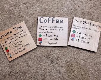 Stardew Valley Maple Wood Coasters | Coffee, Green Tea, & Triple Shot Espresso | Cozy Gamer Decor Gift